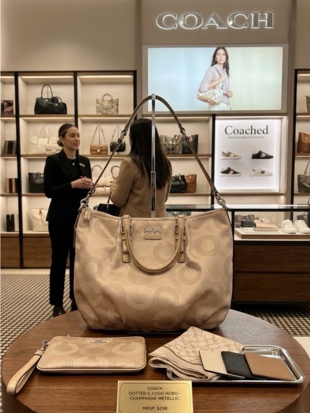 Coach Madison Emma Satchel -Beige Signature Satchel with Gold Hardware